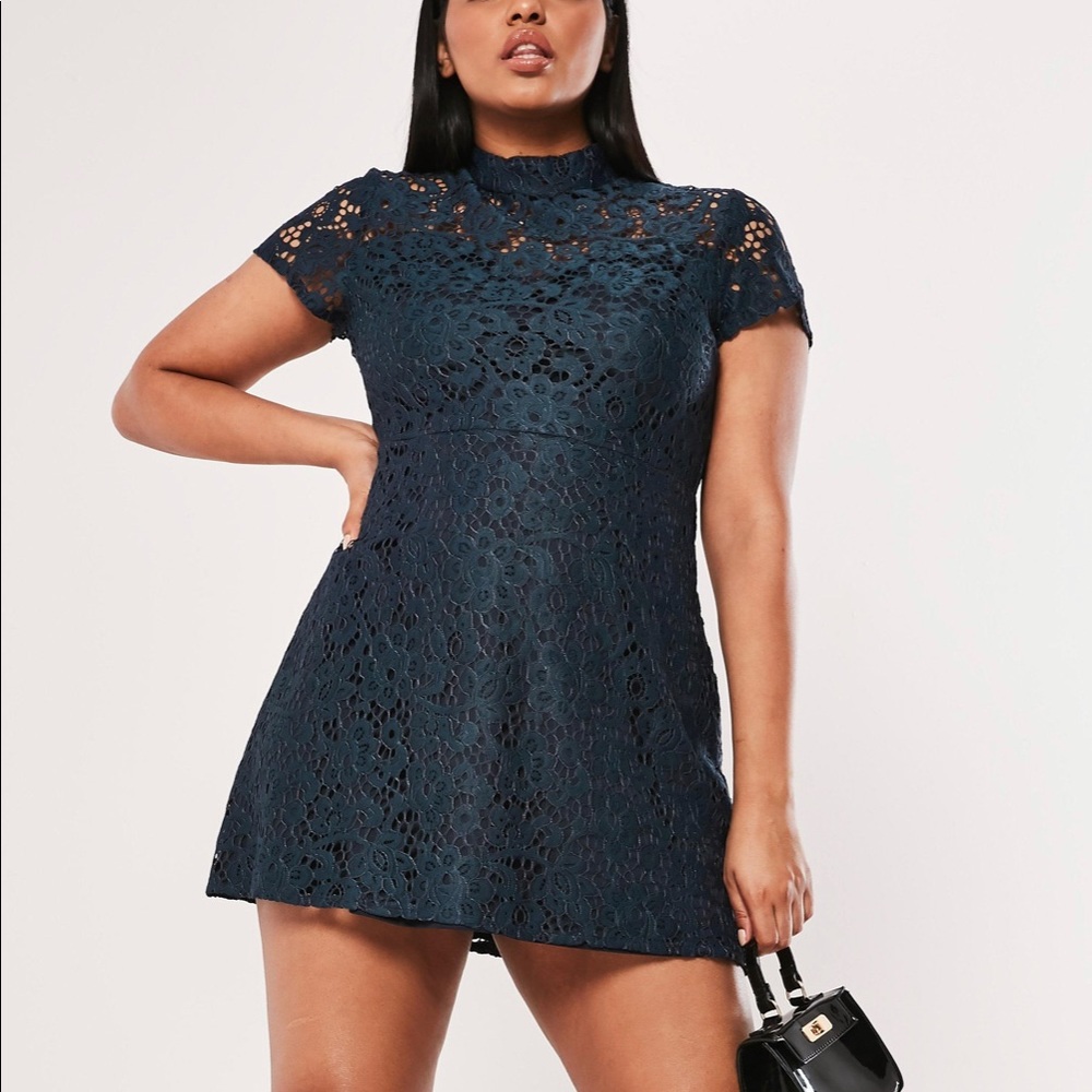 Plus Size Navy Lace Short Sleeve Mini Dress